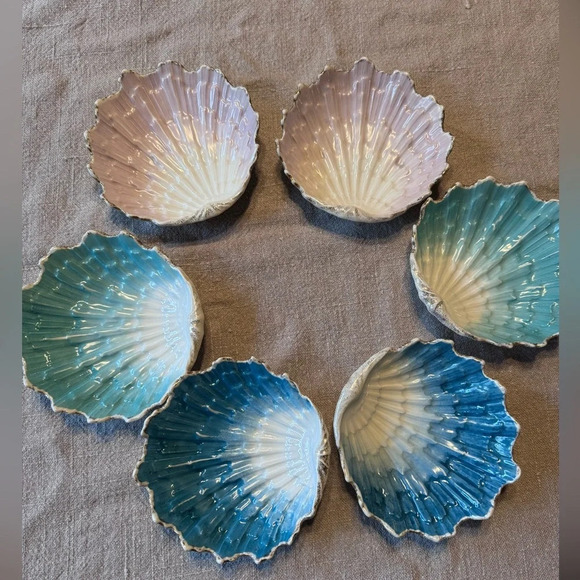 KPM Made in Germany scallop shell dishes set of 6 blue pink turquoise - Picture 1 of 6
